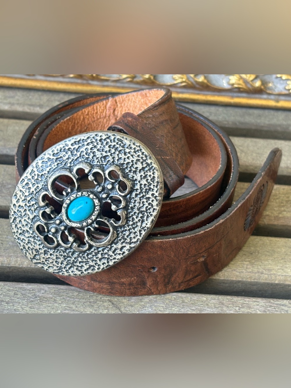 Women's Guido Angeloni Leather Belt Brown Faux Turquoise Silver Tone Buckle XL